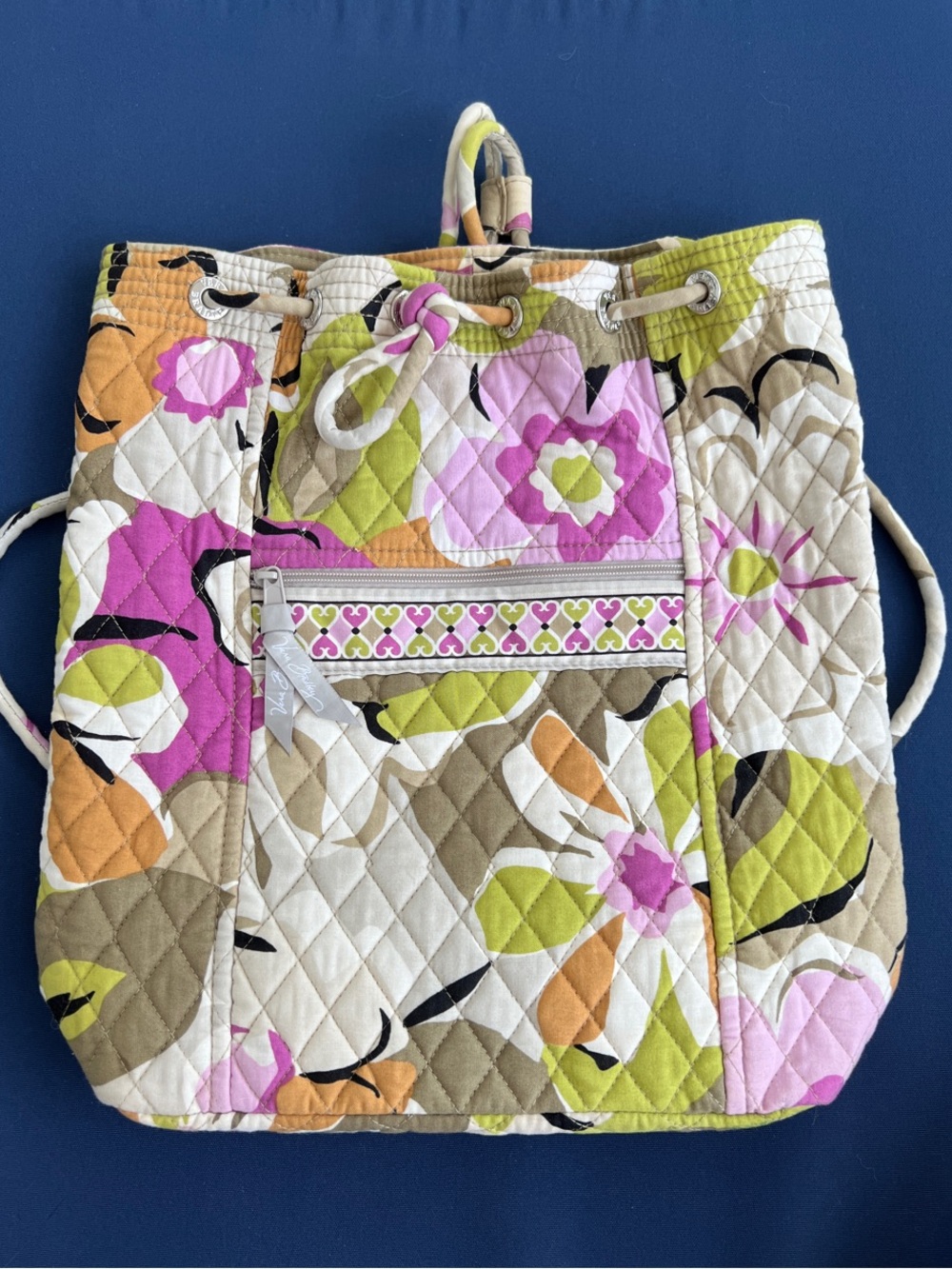 Vera Bradley Quilted Floral Drawstring Backpack in Pink, Green, Orange, Cream